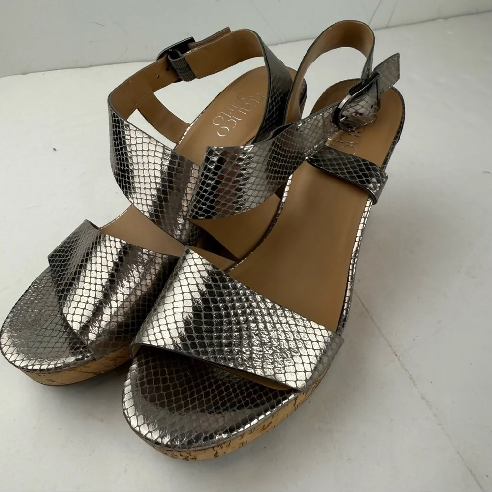 Franco Sarto Womens 8 Marabel Wedge Cork Heel Sandal Silver Croc